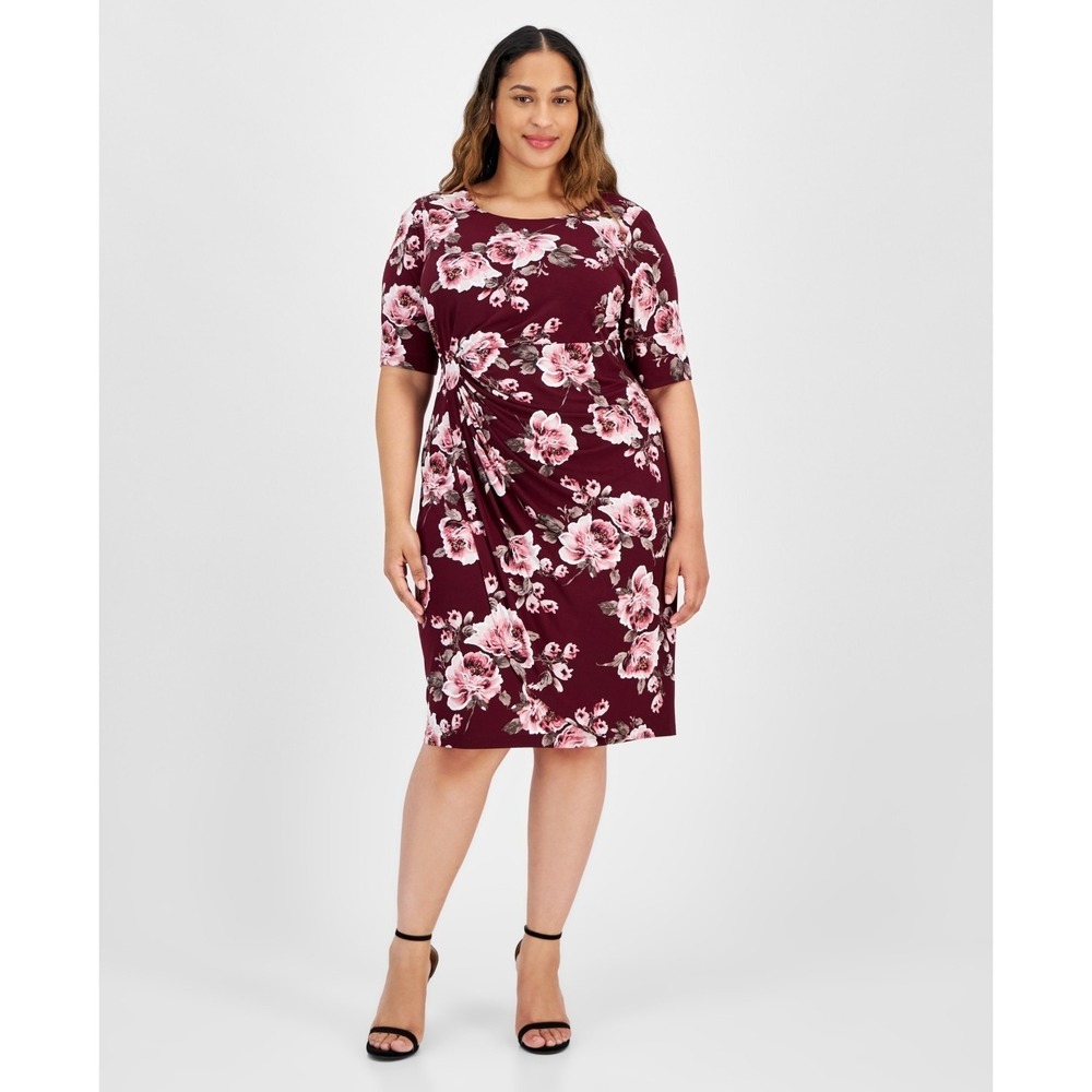 New Connected Apparel Pleated Side Tab Merlot Floral Boat Neck Dress 24W